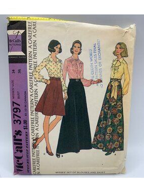 McCall's Misses Blouse Shirts Skirts Sewing Pattern Size 14 3797 Uncut 1970s